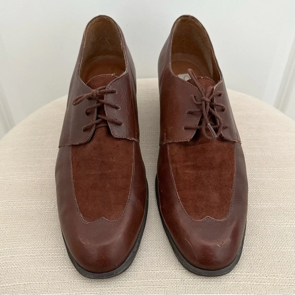Vintage Brown Suede Leather Heeled Loafer Shoes- Preppy Collegiate Fall Office